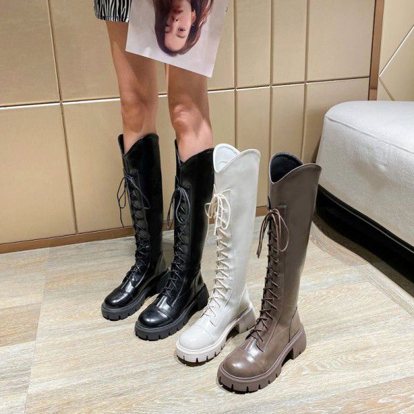 New Long Knee Length Knight Boot Children's Round Head Thick Bottom Lace Up 