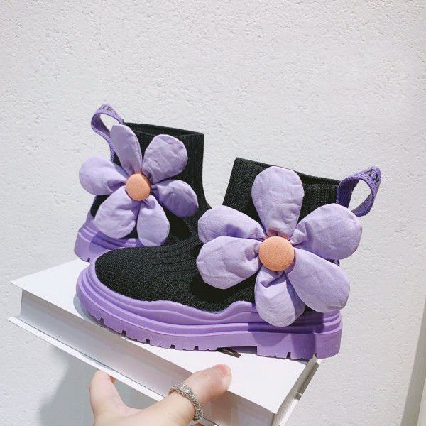 Girls' sock shoes, children's elastic knitted boot...