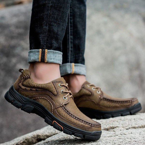 Men's casual shoes, large toe leather shoes, men's top layer cowhide outdoor anti slip hiking shoes, foot covers, men's shoes, wear-resistant work clothes shoes 