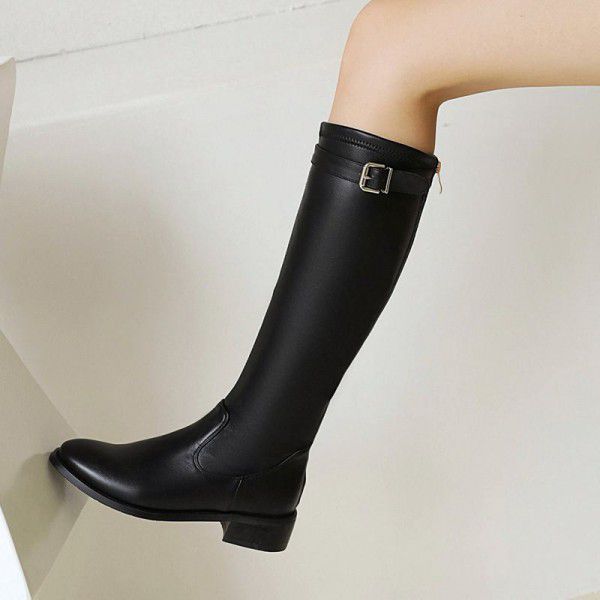 Boots, Round Head, Thick Heel, High Barrel Boots, Women's Autumn and Winter New Belt Buckle, Long Boots, Knee Length, Women's Boots 