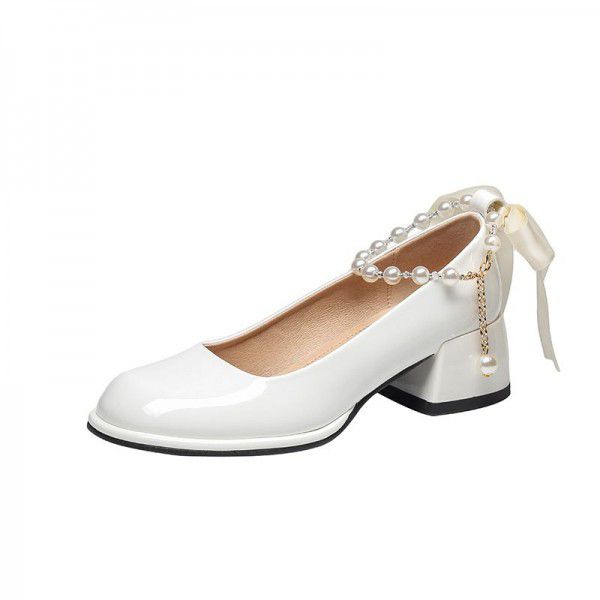 French round toe straight line high heels, thick heel shoes, fairy style pearl Mary Jane women's shoes, spring and autumn style for women 