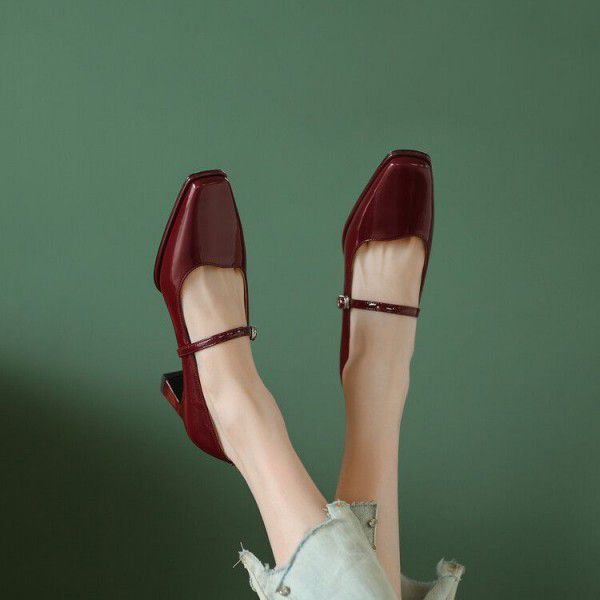 Summer New Square Head High Heels Women's Shallow Mouth Single Shoes Thick Heels Mary Jane Shoes Wine Red Cowhide Shoes 