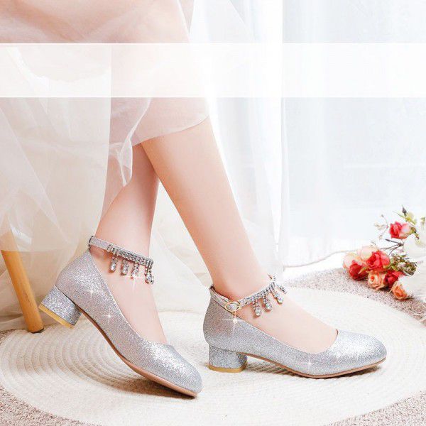 Silver single shoe women's dress with round toe high heels 
