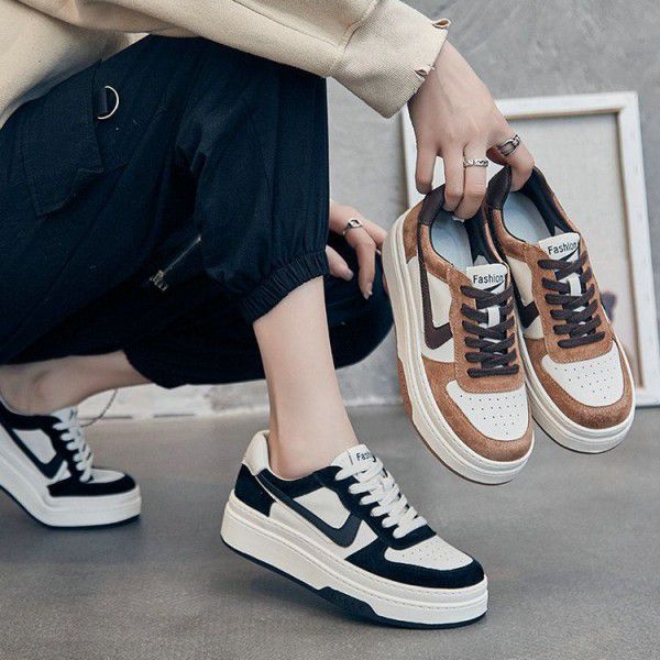 Top layer cowhide small white shoes for women's new women's shoes, Korean version versatile round head color matching thick sole bread casual sports board shoes 