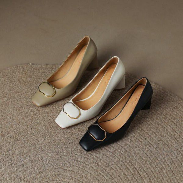 Sheepskin high heels, thick heels, square toe, cow tendon soles, commuting women's single shoes 