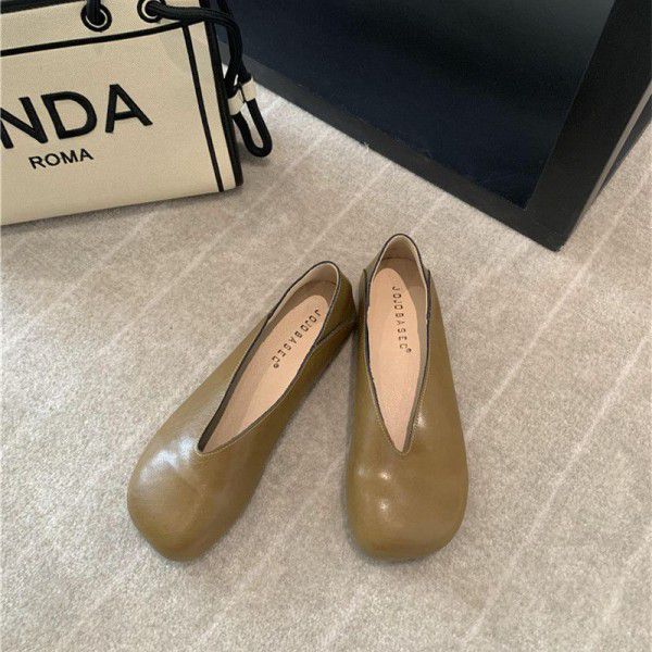 Women's Spring Square Head Versatile, Shallow Mouth, One Step Single Shoe, Soft Leather, Comfortable Retro Granny Shoes 