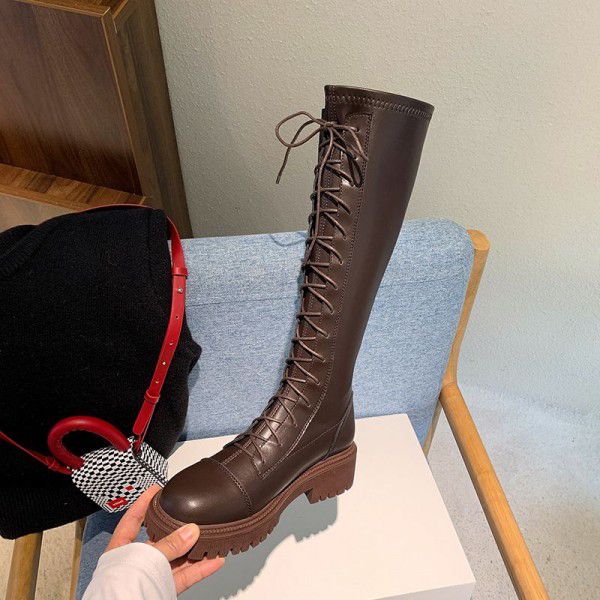 Brown Genuine Leather Women's Boots Long Sleeve Kn...