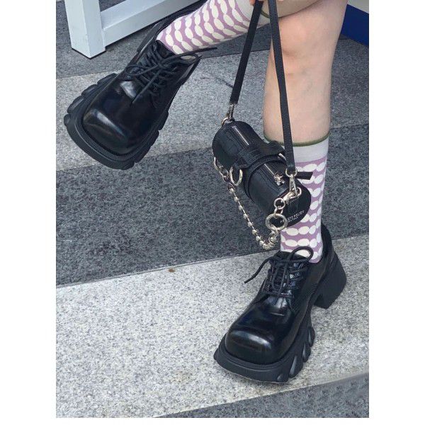 New retro black small leather shoes, women's muffin thick sole shoes, English style square toe large toe thick heeled shoes 