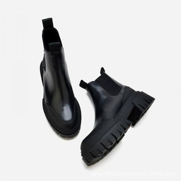 Seasonal Women's Shoes Black Thick Sole Heightened Dark Martin Elastic Chimney Boots English Style Flat Bottom Short Boots 