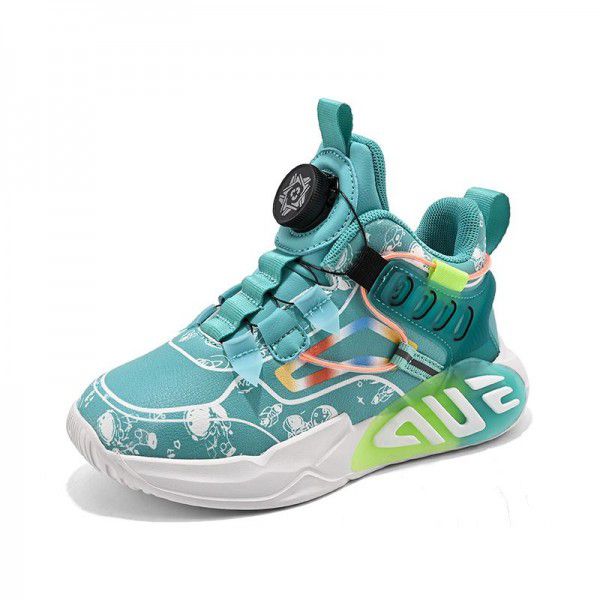 Children's Basketball Shoes Professional Training New Football Shoes Rotating Button Leather Surface Waterproof Medium to Large Children's Sports Shoes Anti slip Moisture 