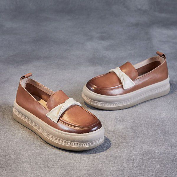 New spring cowhide casual single shoes women's soft soles color blocking thick soles Slip-on shoe women's leather retro mother's shoes 