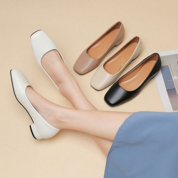 Square toe single shoes, thick heels, shallow mouth grandma shoes, low heels, all season women's shoes 