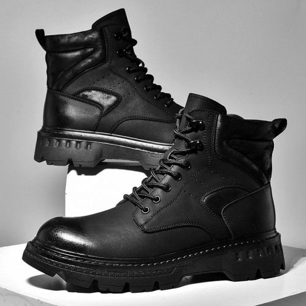 Thick soled Martin boots, men's leather boots, winter plush insulation, work attire boots, messy short boots, high top motorcycle men's shoes, genuine leather 