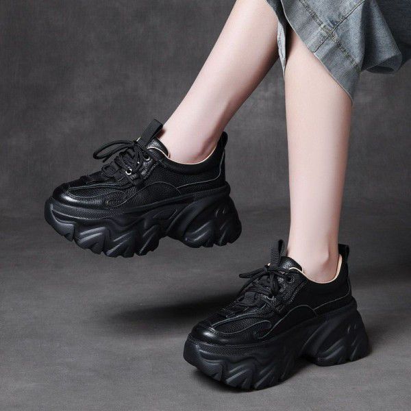 Sporty casual lace up women's shoes with genuine leather thick soles and high heels, dad's shoes and single shoes 