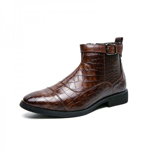 Autumn New Leather Boots Men's Fashion Fit High Top Casual Leather Shoes Pointed Side Zipper Short Boots 