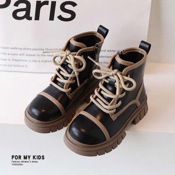 Children's niche contrasting Martin boots, girls' English style black small leather boots, autumn new children's boots, mid length boots 