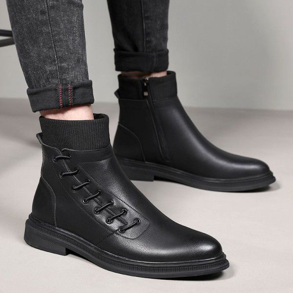 Chelsea boot British fashion men's shoes plush warmth men's Martin boots leather pointed boots men 