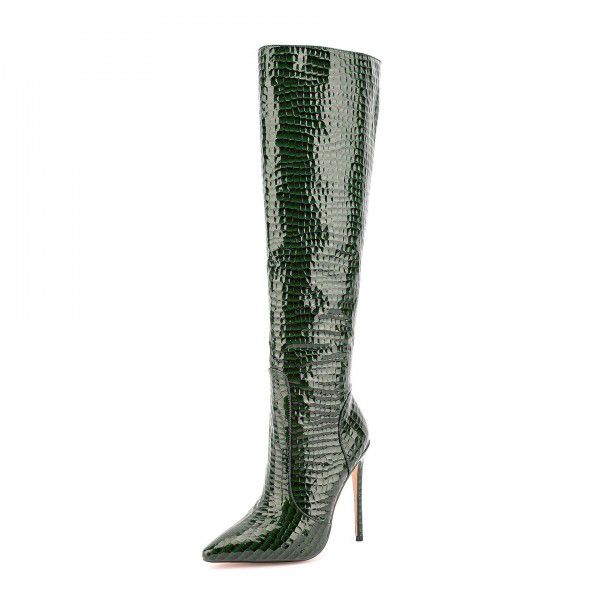 Metal stone patterned pointed toe thin heeled mid length boots can be made with single lining and added colors 