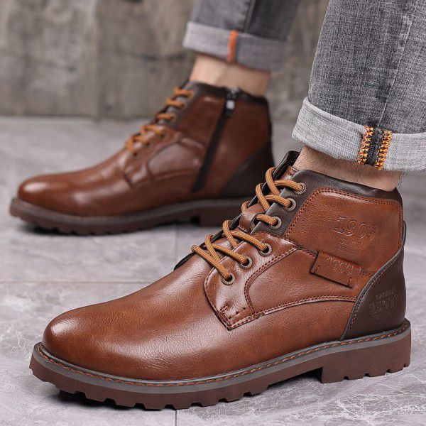 Men's British Vintage Martin Boots Fashion Side Zipper Large Leather Boots Casual Breathable Men's Shoes 