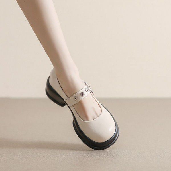 Mary Jane Shoes Women's New Round Toe Thick Sole French Vintage Single Shoe Academy One Line with Thick Heels Large Women's Shoes 