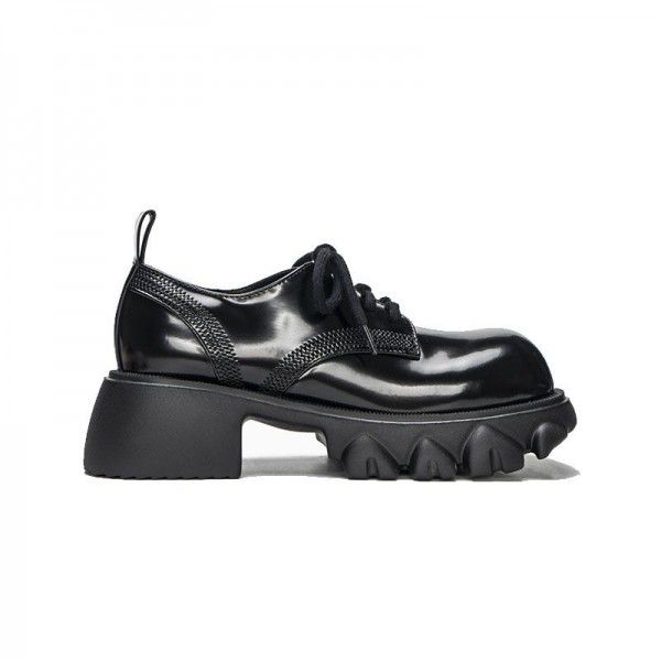 New retro black small leather shoes, women's muffin thick sole shoes, English style square toe large toe thick heeled shoes 