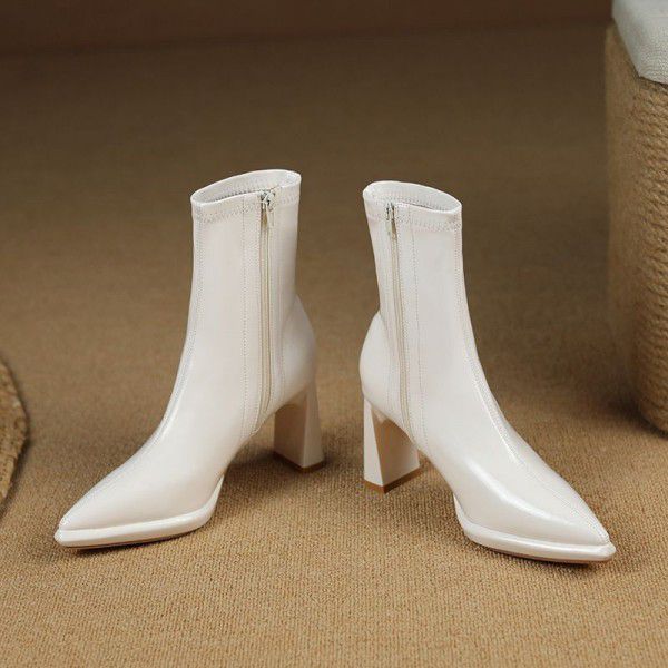 Mid length high heeled boots, children's new autumn and winter thick heel single lining patent leather French style short boots 