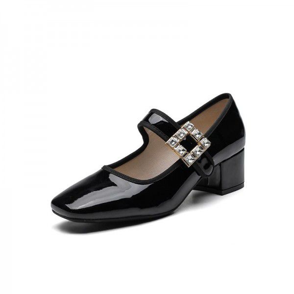 Square head retro French leather shoes leather rhinestone square button Ballet flat women's single shoes Mary Zhen shoes autumn 
