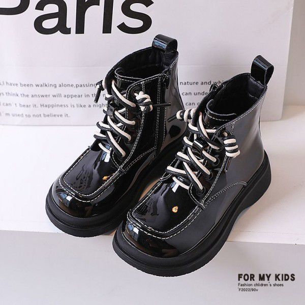 Girls' English style genuine leather Martin boots, square toe mirror black small leather boots, autumn new children's boots, low rise boots 