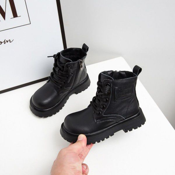 Girls' Martin Boots Leather Autumn and Winter British Leisure Boys' Single Boots Middle and Big Children's Cotton Boots 