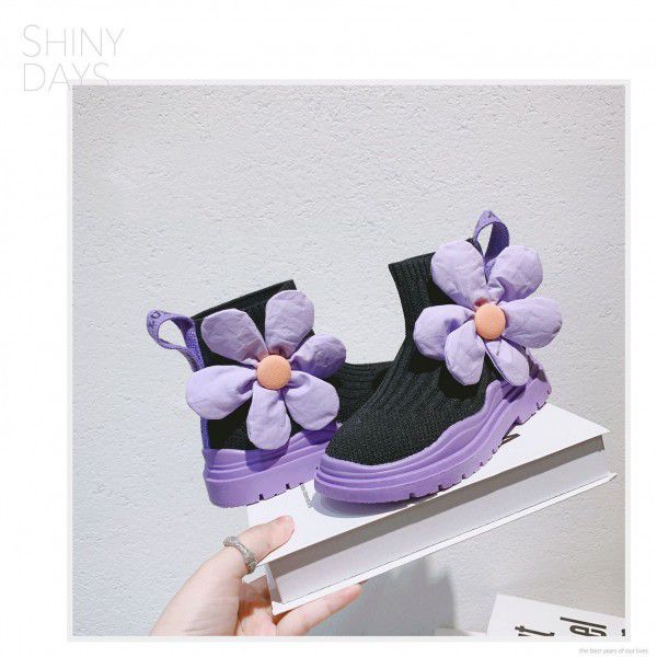 Girls' sock shoes, children's elastic knitted boots, fashionable and versatile short boots, baby single shoes 