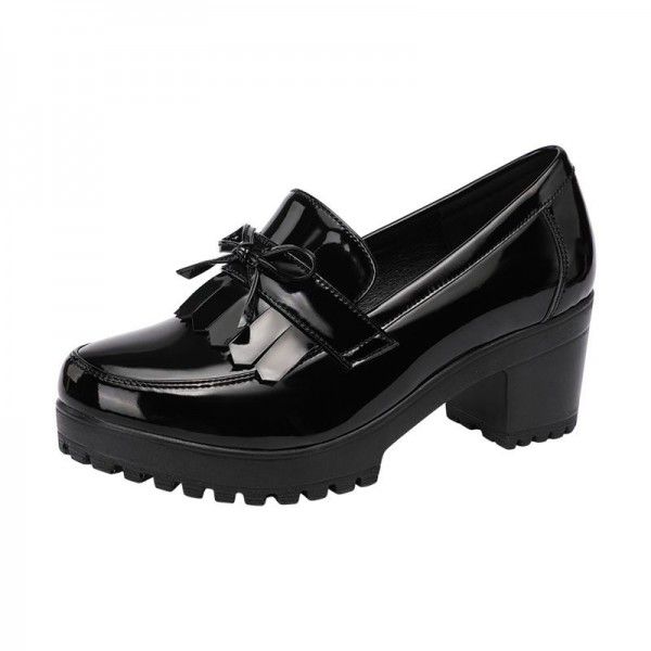 Spring and Autumn Lace up Small Leather Shoes British Style Thick Heel Shoes New Mid Heel Versatile Casual Large Women's Shoes 