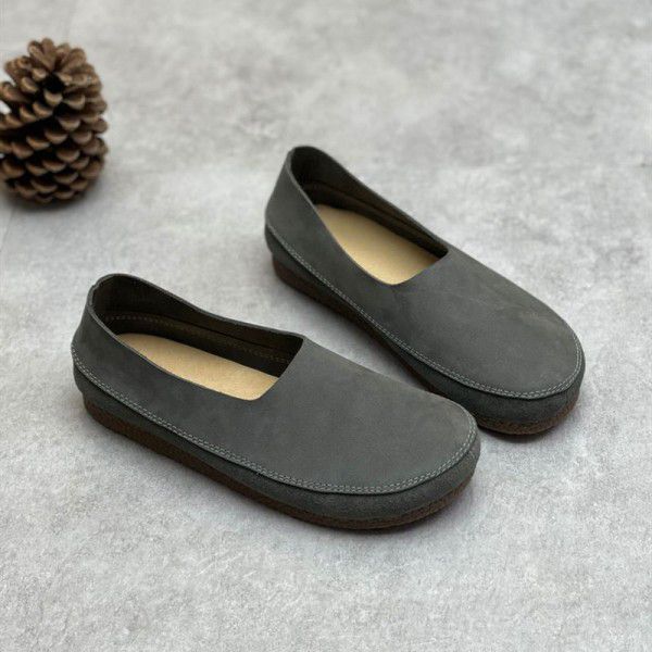 Spring style Sen style literary and artistic retro cowhide women's single shoes with flat bottoms, round heads, soft leather soles, casual and versatile 