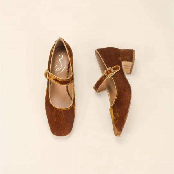 Genuine leather Mary Jane single shoes, women's headband, thick high heels, real silk velvet suede shoes, solid color casual mother's shoes 