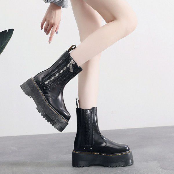 Chelsea boot Women's thick soled Martin boots Women's English leather short boots sponge soled leather shoes 