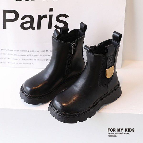 Girls' Martin Boots Genuine Leather Black Mid Sleeve Short Boots Autumn New Children's Boots British Style Metal Fashion Boots 