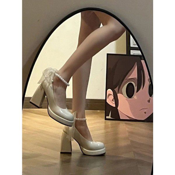 French Pearl Fairy Style Bridesmaid Shoes Mary Jane Shoes Waterproof Platform High Heel Shoes Women's One Line Buckle Thick Heel Shoes 