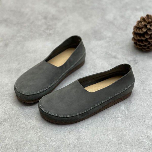 Spring style Sen style literary and artistic retro cowhide women's single shoes with flat bottoms, round heads, soft leather soles, casual and versatile 