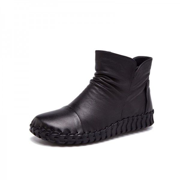 Autumn New Genuine Leather Short Boots Casual Flat Bottom Versatile Round Head Leather Boots 