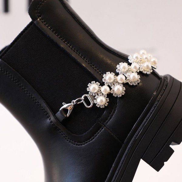 Girls' Genuine Leather Beaded Martin Boots Autumn New Little Leather Boots Black Smoke Pipe Boots Little Girls' Low Barrel Short Boots 