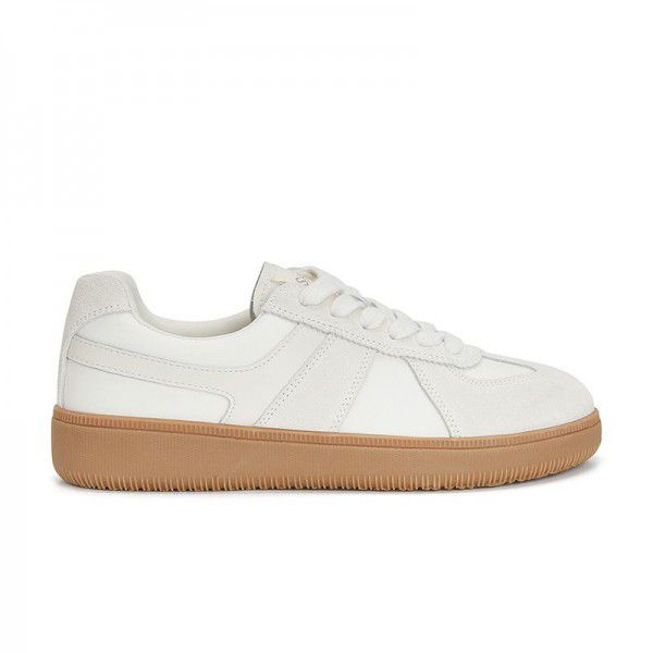 Genuine leather thick sole color matching casual sports shoes, board shoes, women's moral training shoes 