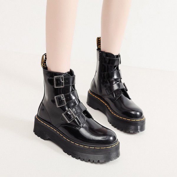 High top women's boots, genuine leather motorcycle, three buckle thick sole sponge cake 