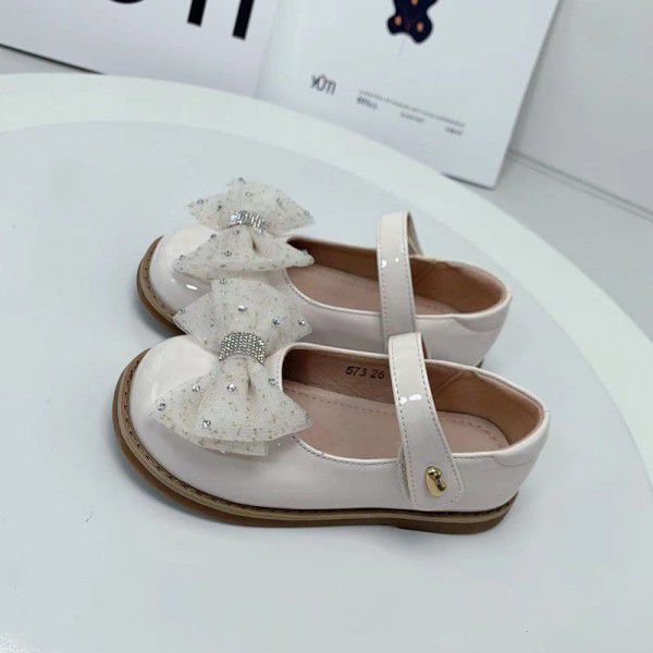 Spring style girls' leather shoes lace bow princess shoes patent leather PU shallow cut shoes soft soled children's flat shoes 