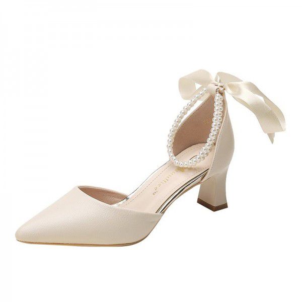 New Versatile High Heels Women's Thick Heels Hollow Black Professional Pointed Button Women's Shoes French Single Shoes 