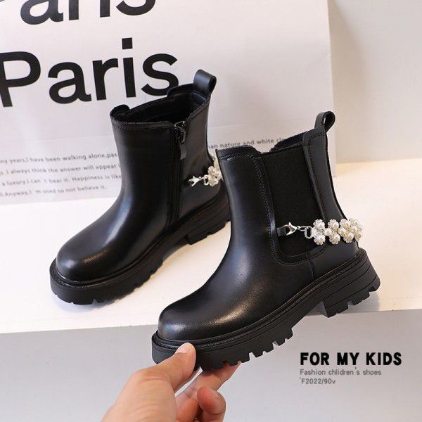 Girls' Genuine Leather Beaded Martin Boots Autumn New Little Leather Boots Black Smoke Pipe Boots Little Girls' Low Barrel Short Boots 