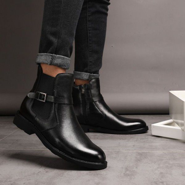 Winter Soft Leather Men's English Short Boots with Cotton Boots Chelsea Large 