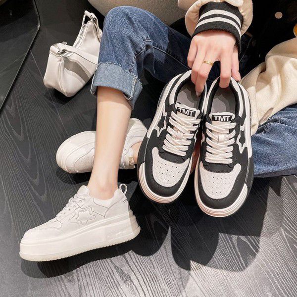 Spring and New Autumn Genuine Leather Thick Sole Shoes for Women's Casual Shoes Star Board Shoes for Women's Versatile Sports Shoes 