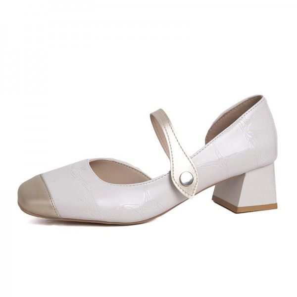 Retro Mary Jane Shoes Women's Square Head French Small Fragrant Red Bead Thick Heel Shoes Temperament Paired with Small Leather Shoes 
