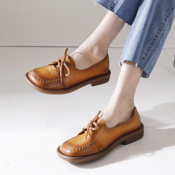 Retro Soft Sole Shoes Women's Spring and Summer New Genuine Leather Round Head Shallow Mouth Lacing Handmade Four Seasons Single Shoes 