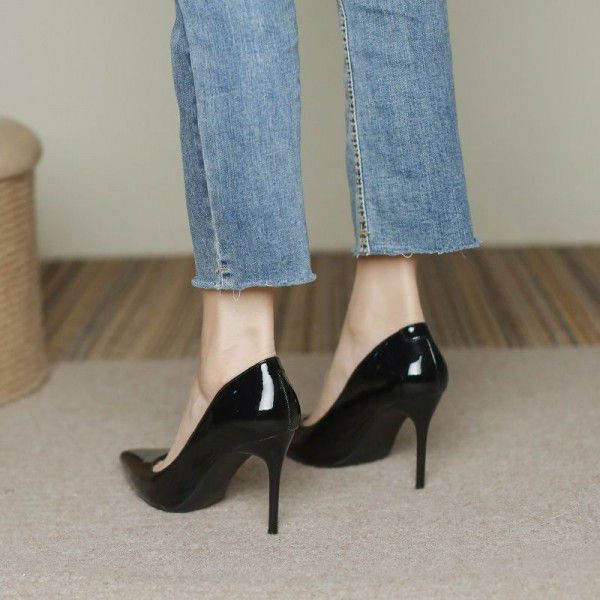 Spring New High Heels Women's Lacquer Leather French Single Shoes Pointed Toe Shallow Mouth Professional Slim Heels Work Shoes 