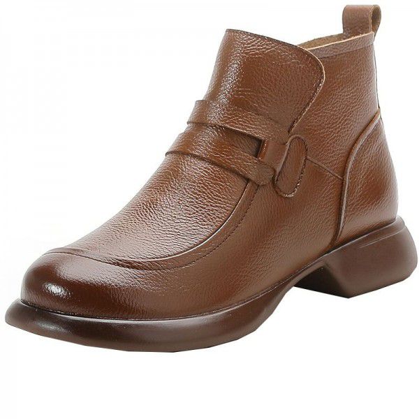 Top layer cowhide retro ethnic Martin boots for women in winter plush women's shoes with thick soles and genuine leather in the middle heel 